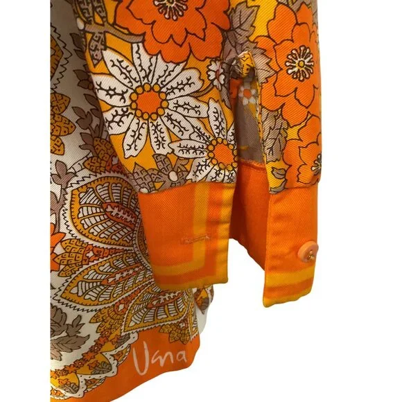 Vintage 1970s Orange Paisley & Floral Button-Up Blouse With Pointed Collar - Picture 3 of 5